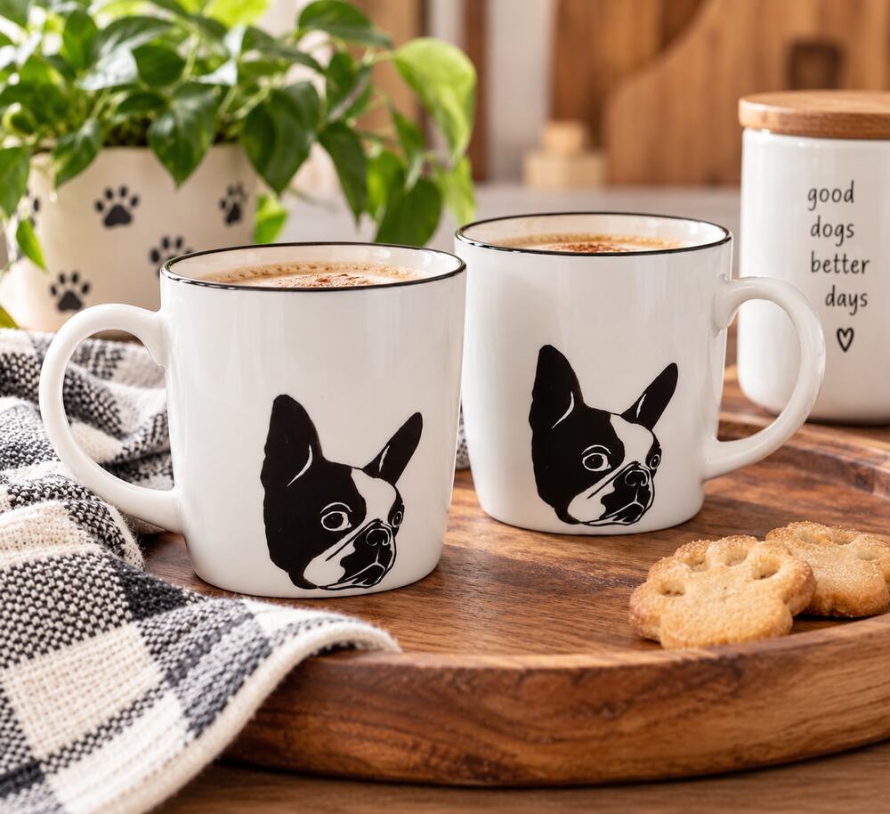 BNI Boston Terrier Mugs Set of 2, New, 10 oz, Black & White